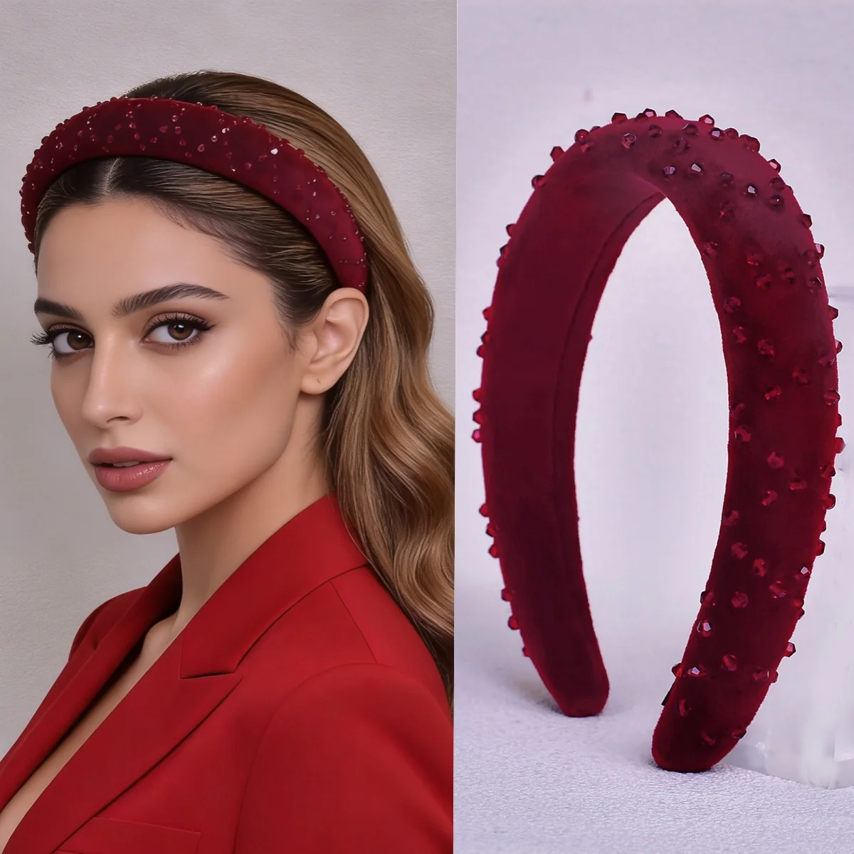 Vintage Burgundy Hand-Stitched Crystal Headband Women's High Crown Fashion Headpiece Holiday Dressing Hair Accessory Gift SA63