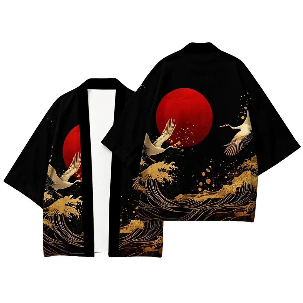 Fashion Unisex Red Sun Crane Golden Wave Haori Kimono Cardigan 1/2 Sleeve Open Yukata Summer Casual Clothing Vacation Tops
