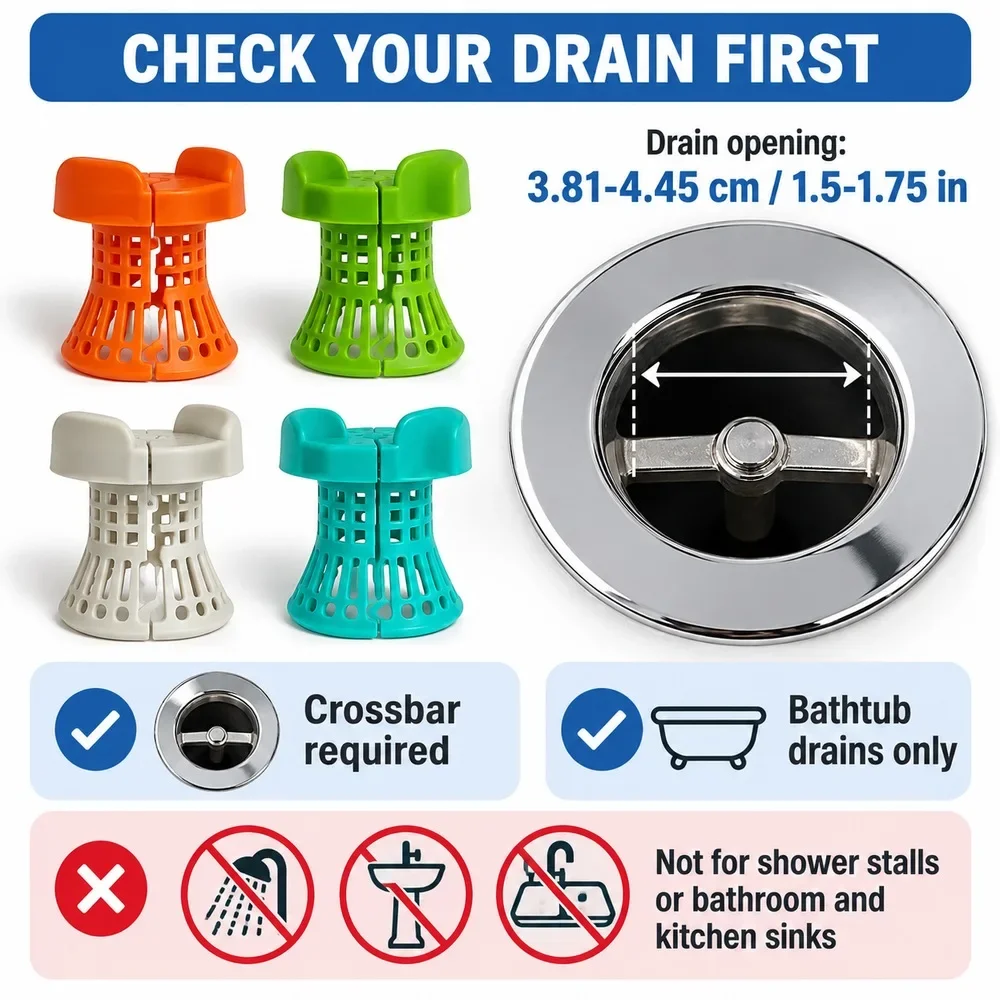 TPR Bathtub Drain Hair Filter Split Design Reusable Hair Catcher for 1.5 to 1.75 Inch Drains with Crossbar Tub Bathroom Cleaning