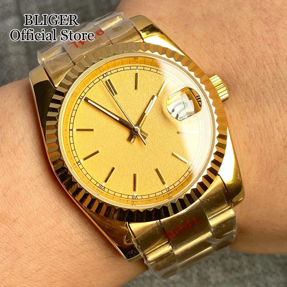 BLIGER 36mm NH35A Automatic Watch For Men Sapphire Glass Luminous Gold Hands Polished Case Steel Bracelet Yellow Dial