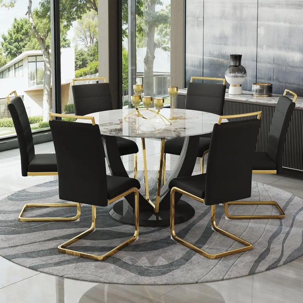 

Обеденный гарнитур на 6 персон с мраморной столешницей и мягкими стульями для кухни, гостиной и ресторана