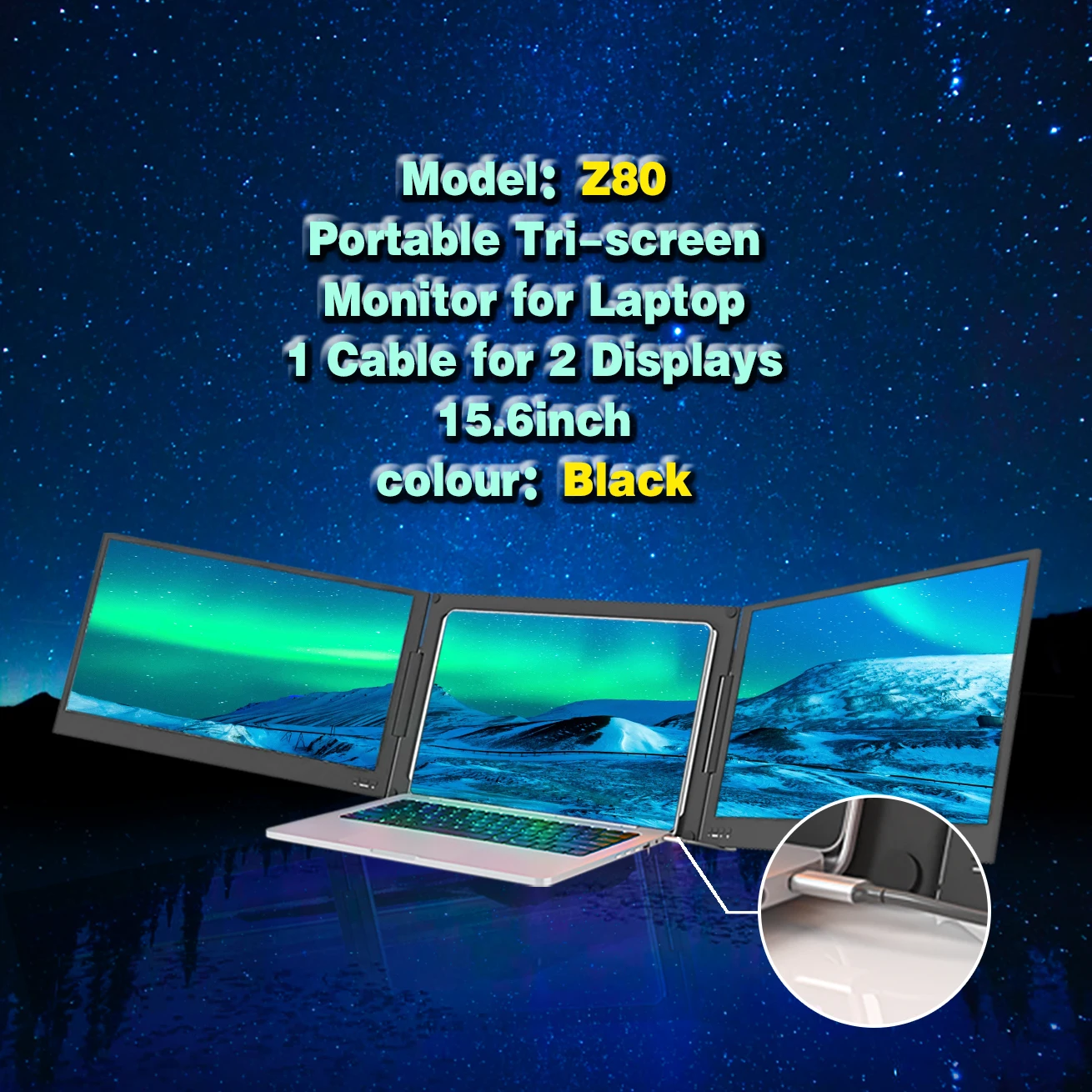 15.6-inch Portable Monitor, Triscreen Split Display, Expandable Screen, Split Display with Type-C Laptop