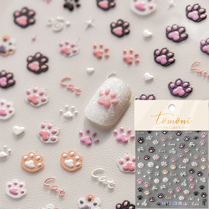 Autocollants 3D griffe de chat mignon, gelée/relief, autocollants adhésifs 3D pour ongles, bricolage, curseur japonais Kawaii, décorations pour Nail Art, 1 pièce