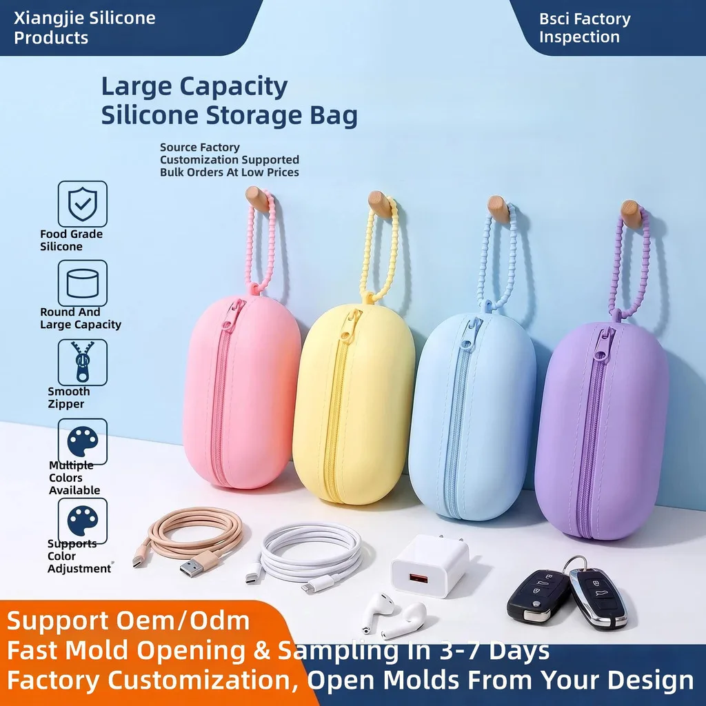 Oval Silicone Cosmetic Pouch, Waterproof Zipper Storage Bag for Makeup Earphones and Travel
