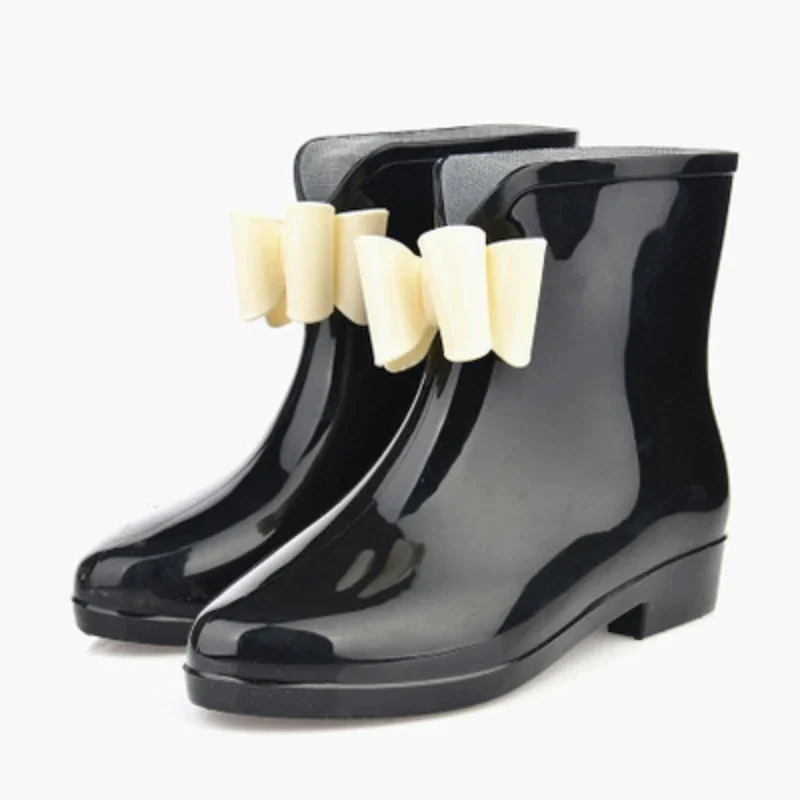 Chaussures de pluie pour femmes, bottes de pluie à tube court, bottes basses avec nœud papillon, chaussures imperméables à col blanc, couvre-chaussures en caoutchouc, printemps et automne