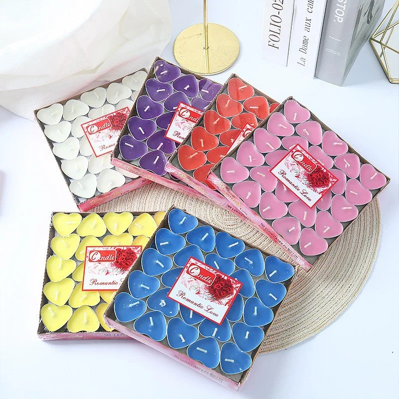 50pcs Round Heart Tea Lights Romantic Atmosphere Candles Anniversaries Wedding Party Hotel Decor Odorless Candles Wholesale