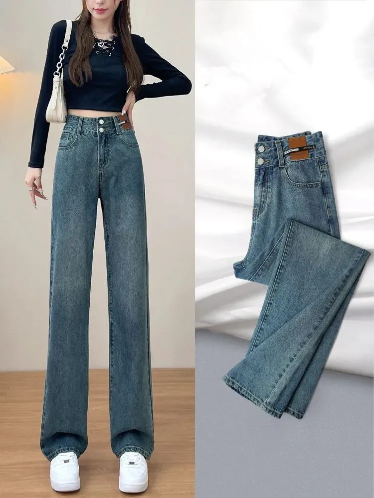 

Retro Jeans Women Straight Loose High Waist Spring and Autumn 2023 New Plus Size Fat Mm Mop Narrow Wide Leg Pants Calça Feminina