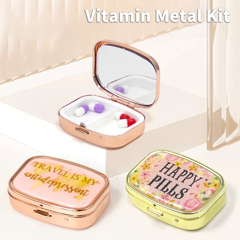 Metal Pill Box Mini Travel Portable Storage Box Rectangular Circular Medicine Box Seal Folding With Mirror Pill Case Pastillero