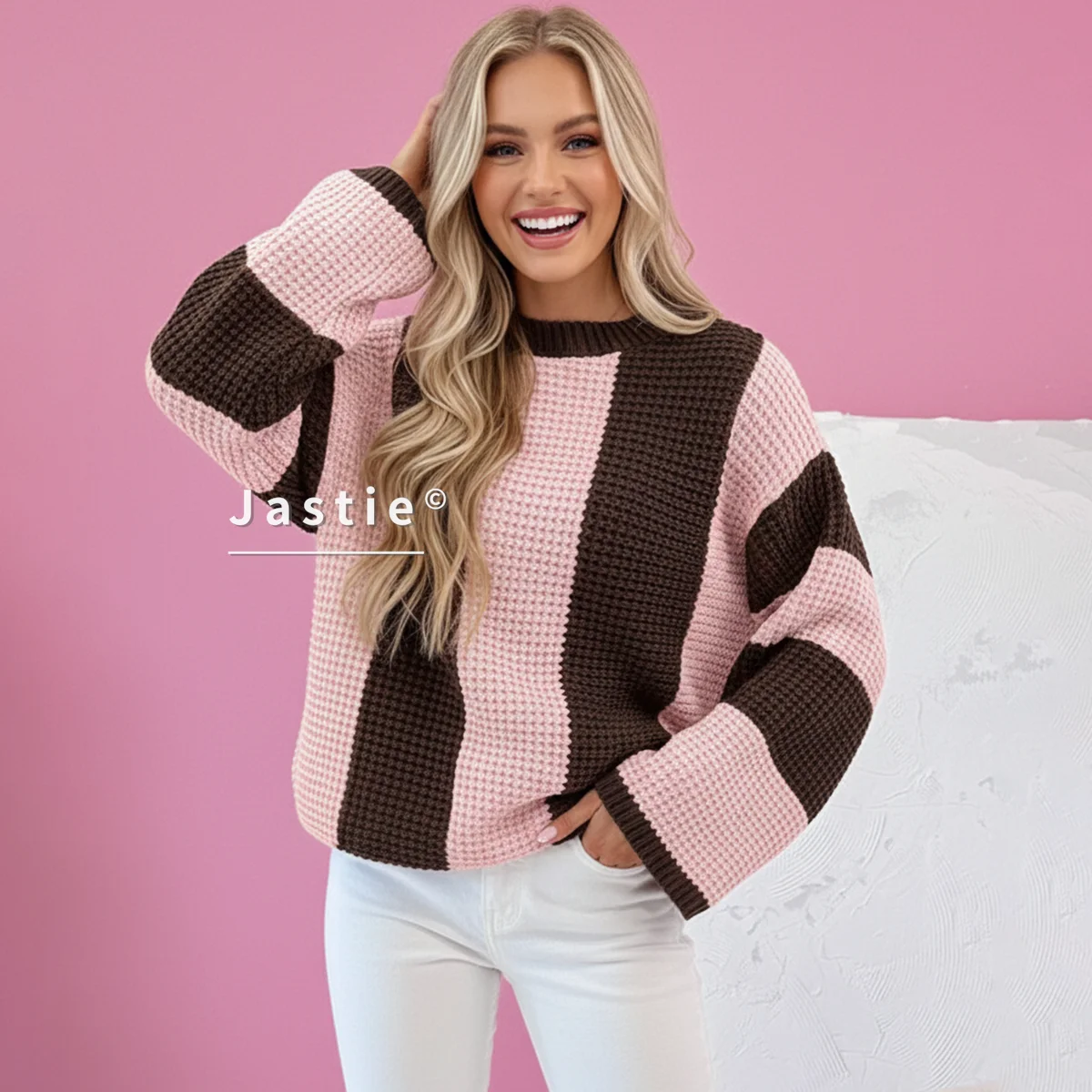 المرأة الوردي والبني مخطط الهراء متماسكة سترة المتضخم طاقم الرقبة قطرة الكتفين دافئ بلوزة كاجوال لخريف/شتاء القمم #1