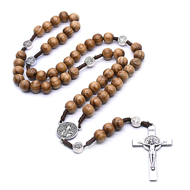 Y1UB Handmade Round Bead Rosary Necklace for Men for Cross Jesus Pendant Catholic Religious Jewelry Charm Gifts