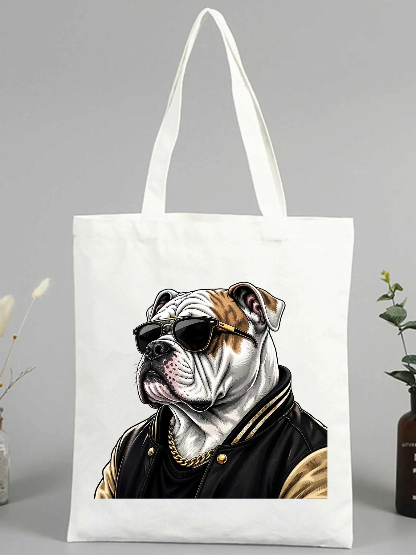 Women's canvas tote bag with bulldog graphic, streetwear style for casual shopping and daily use