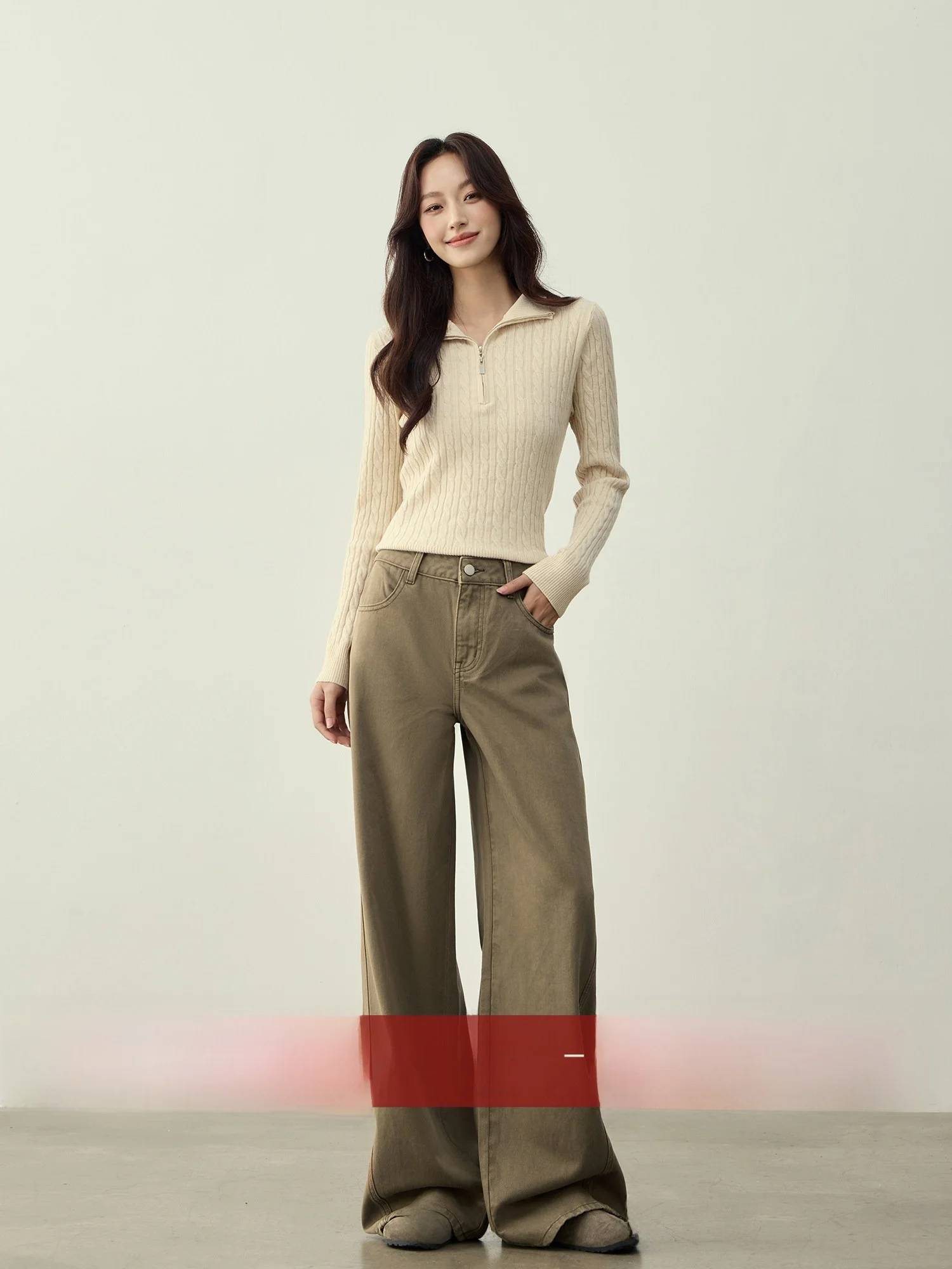 

Ретро-джинсы цвета хаки, свободные широкие брюки, осенне-зимние женские повседневные хлопковые брюки с высокой талией на молнии