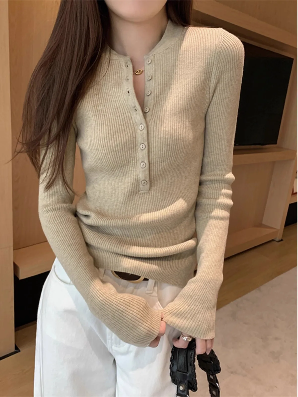 Slim Fit Long Sleeve Knitted Sweater Women's Style Button Design Korean Version Autumn Fashion Casual Comfortable Base Layer Top