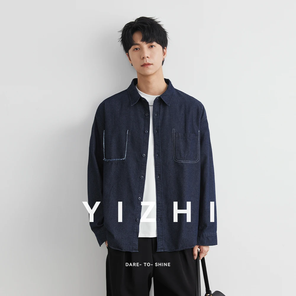 2025 Autumn New Lapel Long Sleeve Blue Denim Shirt Fashion Loose Tops Jacket Solid Color Casual All-match Jacket Male Clothing