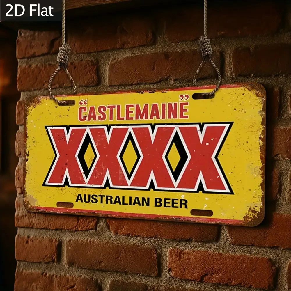 Letrero de metal de cerveza australiana 2D plano, 2D, antiguo Castlemaine XXXX, 30,48x15,24 cm, arte de pared campestre con des rojo brillante y blanco