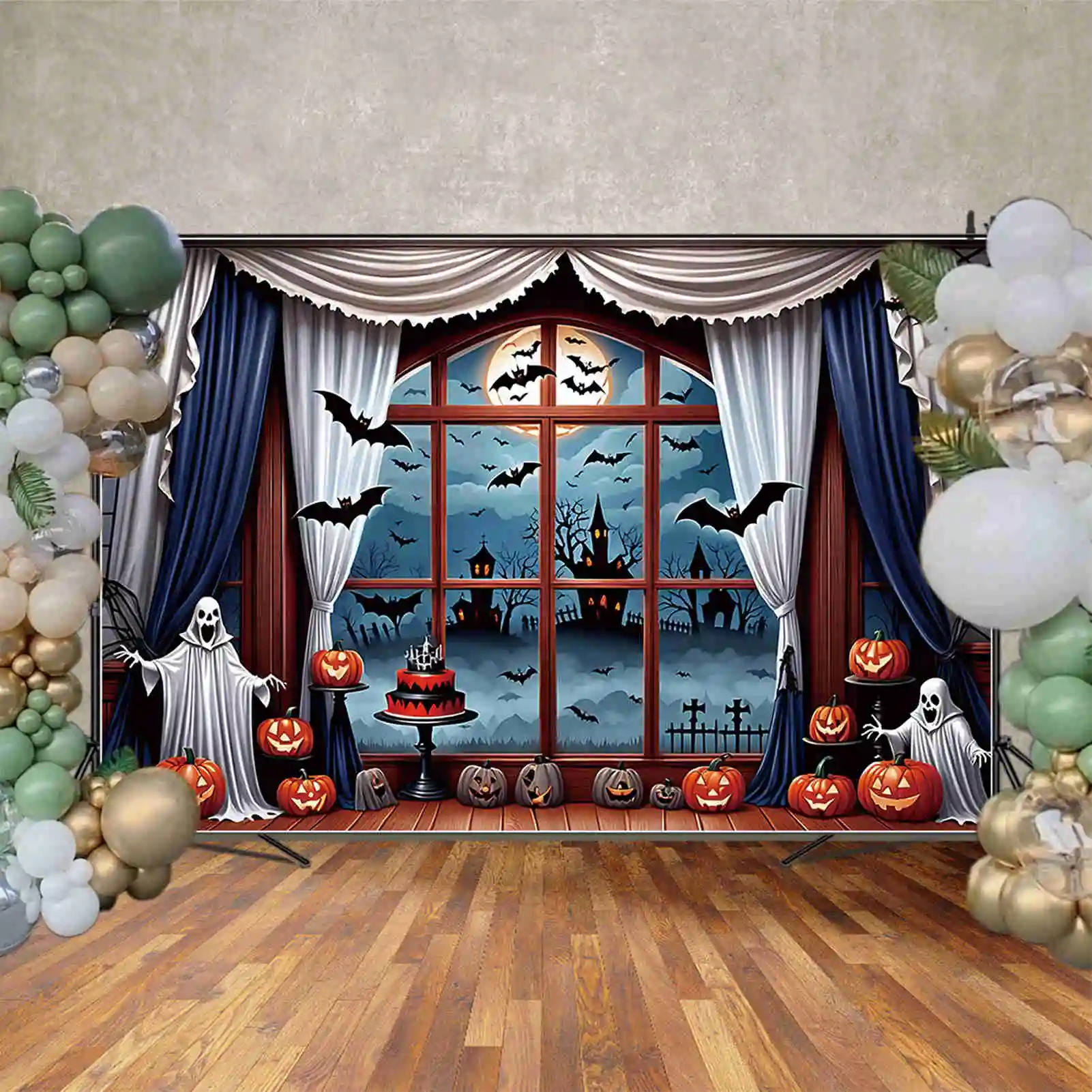 MOON.QG latar belakang merah Halloween menyeramkan hantu dalam ruangan batu nisan anak-anak latar belakang kustom dekorasi pesta perlengkapan pengambilan foto