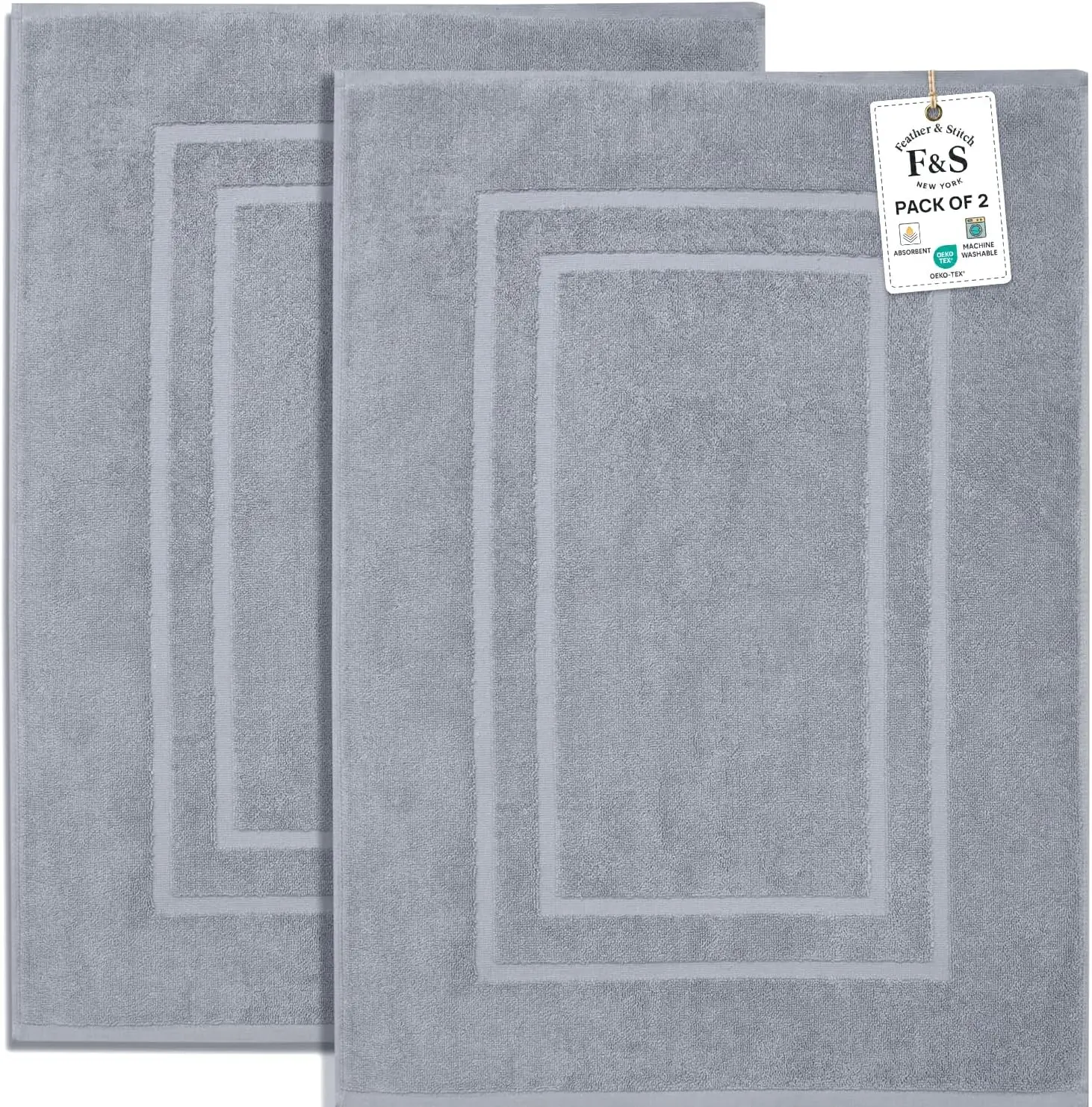 

2-Piece 100% Cotton Bath Mats, 30x21 Inch, Soft Absorbent Shower Floor Mat, Grey