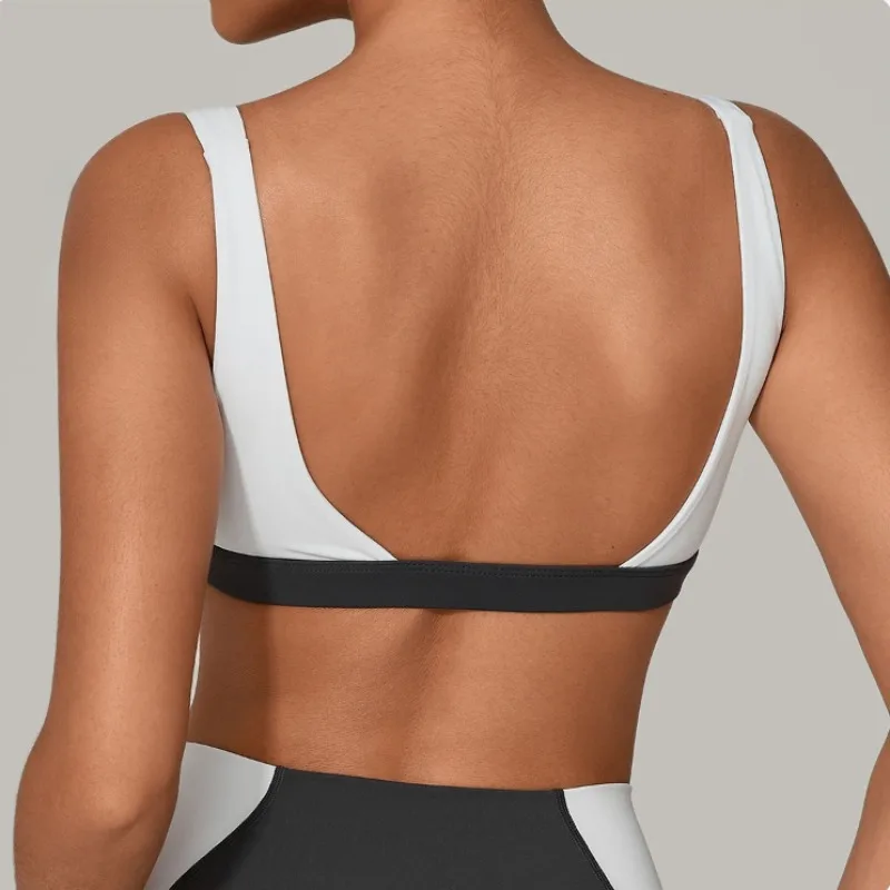 

Women's Wide Strap Yoga Bra - Color Block Backless Quick-Dry Shockproof Running Fitness Top for Gym Workout