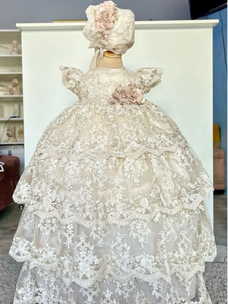 Vestido de manga corta para bebé, vestidos de niña de flores de marfil, patrón de Apliques de encaje para boda, fiesta de cumpleaños, vestidos de primera comunión