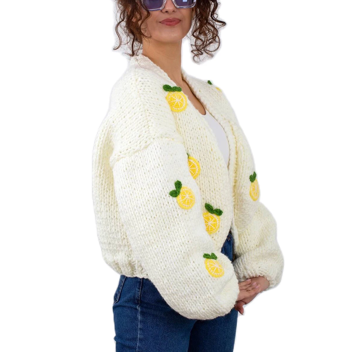 Combhasaki Women's Y2K Cute Knitwear Cardigan Long Sleeve Open Front 3D Lemon Pattern Decor Fall Casual Jacket Crop Sweater Coat