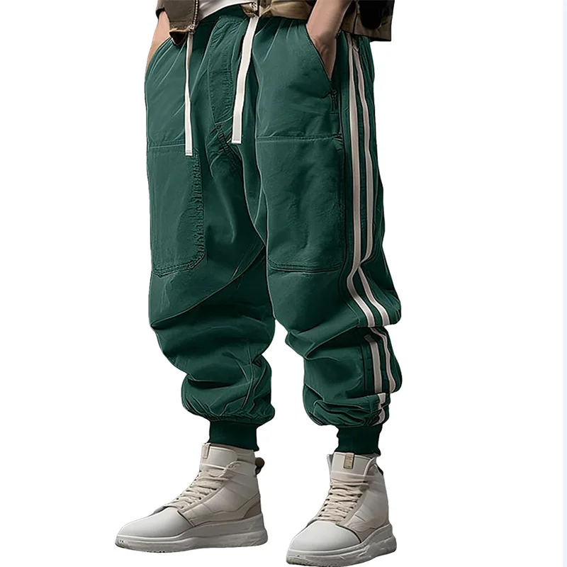 2025 New men's sports jogging solid - color casual pants with elastic waistband, stripes, and comfortable cuffed legs