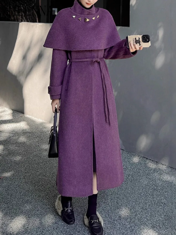 

ZMEENNA Женское длинное шерстяное пальто со съемной накидкой, высоким воротником и завязками, теплая зимняя верхняя одежда, элегантная фиолетовая ZM4391