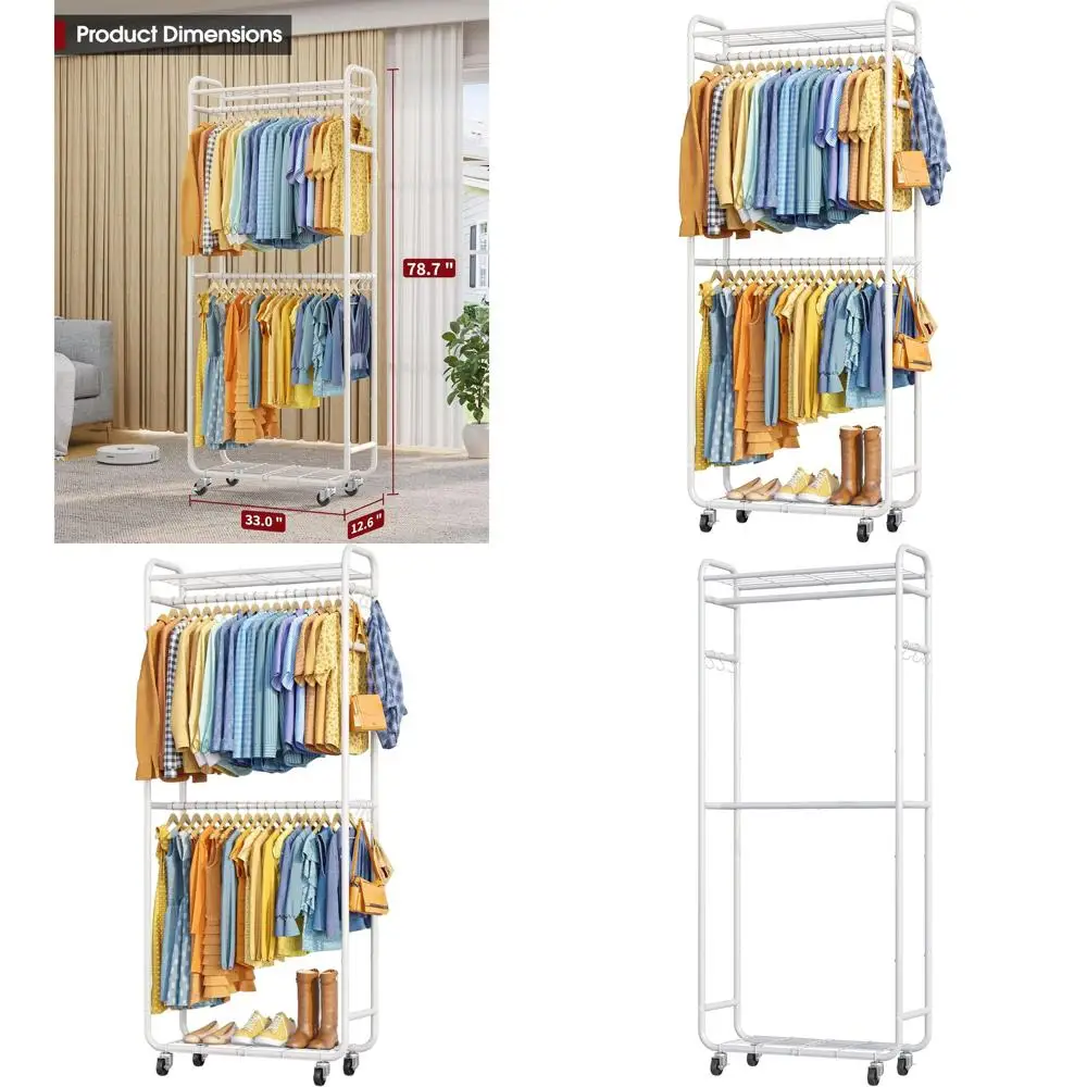 

Space-Saving Clothing Rack with Shelves, Hangers, Hooks, Lockable Wheels, Wall Anchors, 33 x 12.6 x 78.7, White