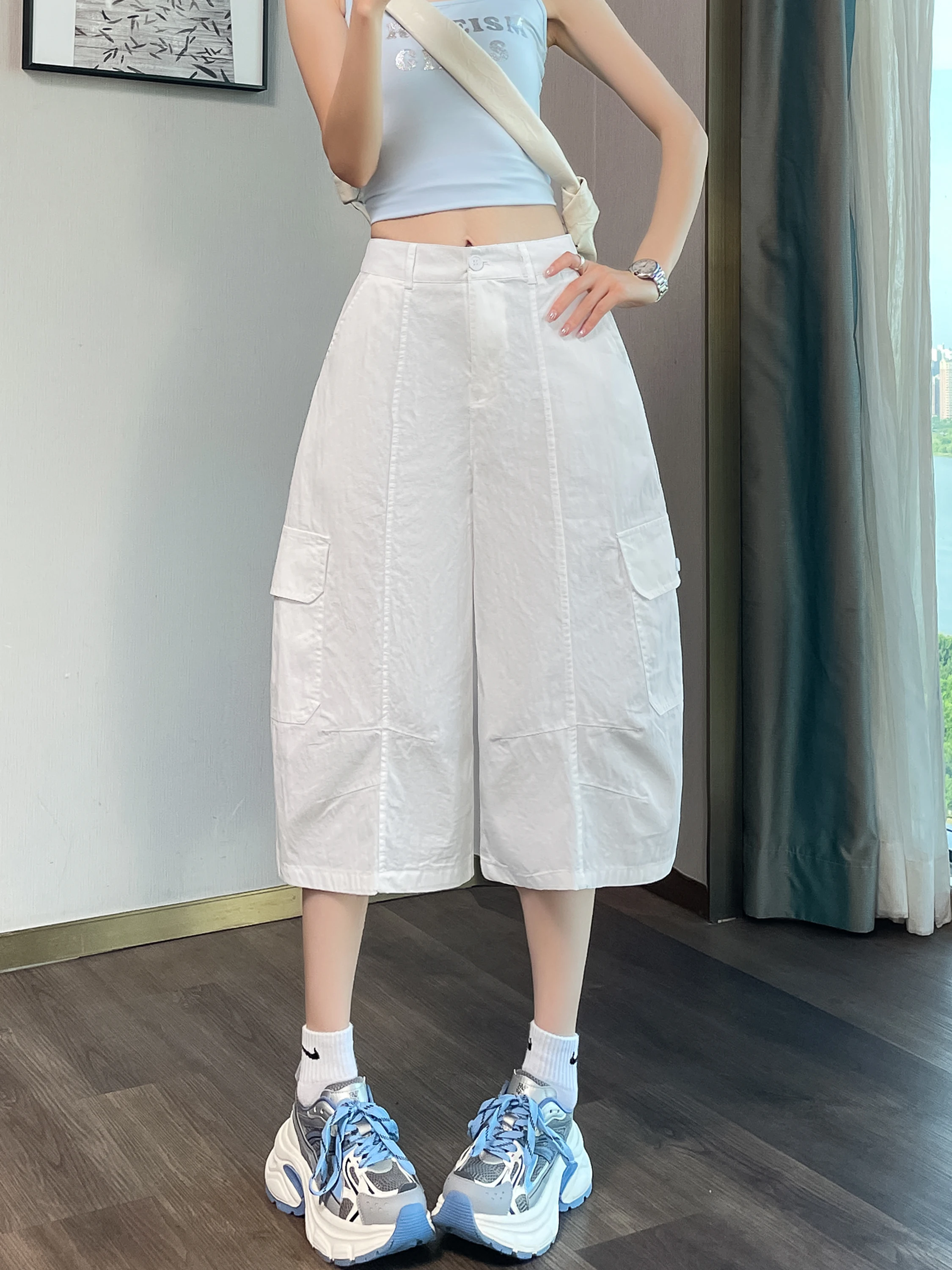 

White Casual Wide Leg Pants Women's High Waist Loose Slim Straight Cut Summer New Style Thin Seven-Point Workwear Trousers