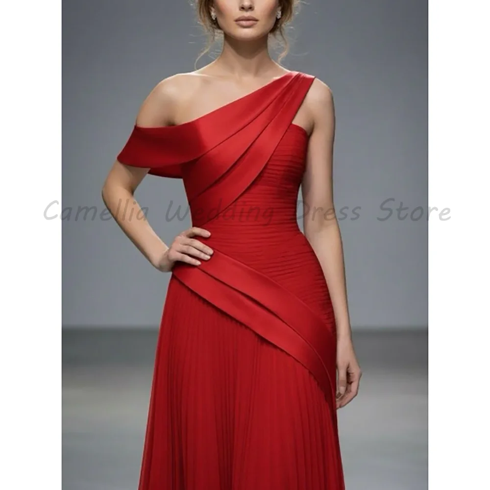 Red Asymmetric One Shoulder Pleated Chiffon Evening Dress Draped Satin Trim Floor Length A Line Formal Pageant Party Gown