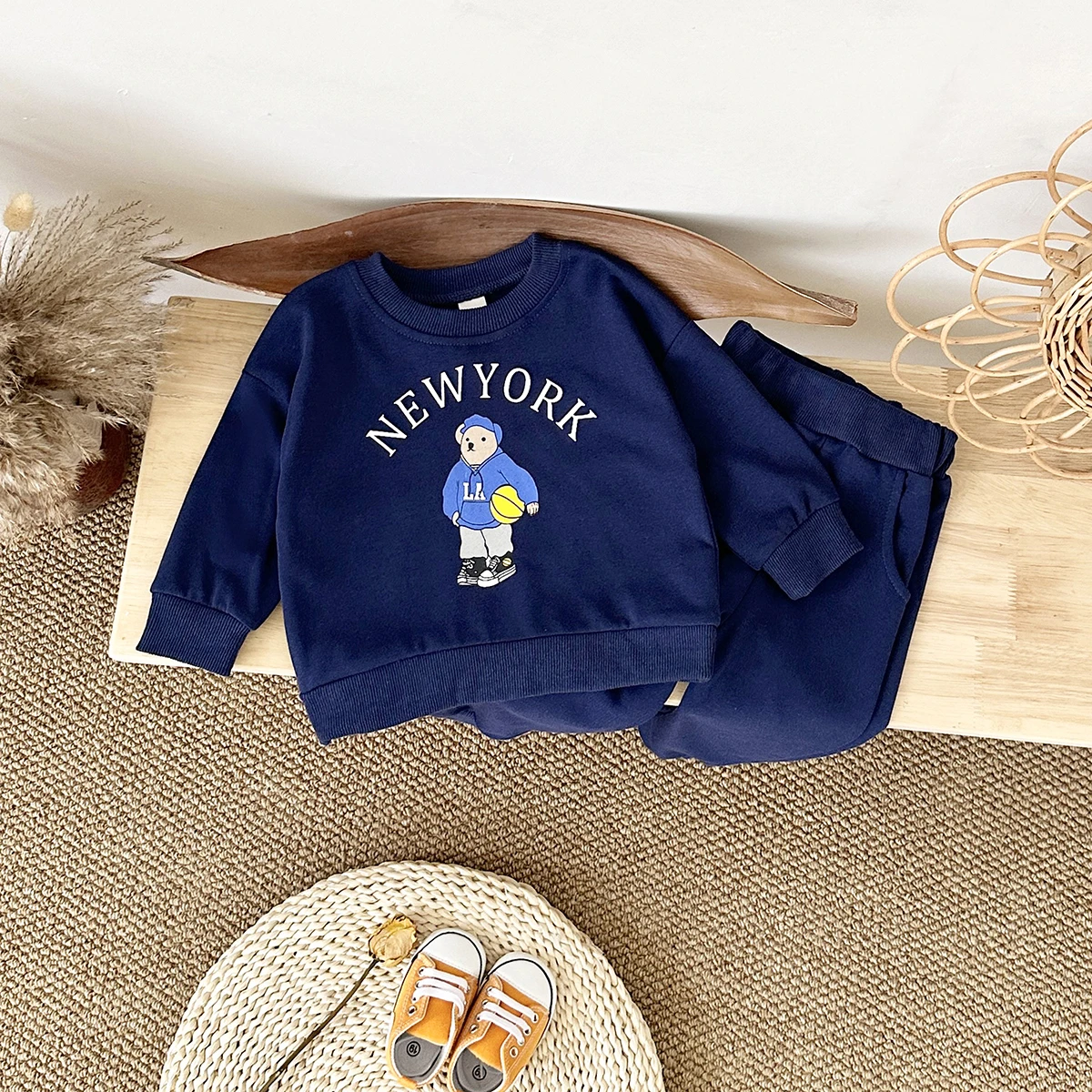 Newborn Spring Autumn 2PCS Baby 0-4Y Cotton Thick Long Sleeves+Pants Bear Boys Girls Printed Clothes Warmth Set Children