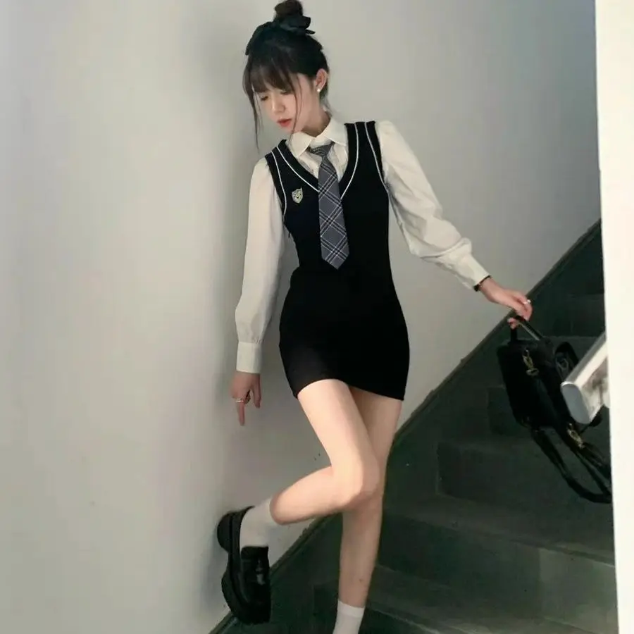 Two New Two-piece Dress Women Casual Long Sleeve Blouse + Slim College Y2k Sweet Spicy Fashion Elegant Polo Collar Dress