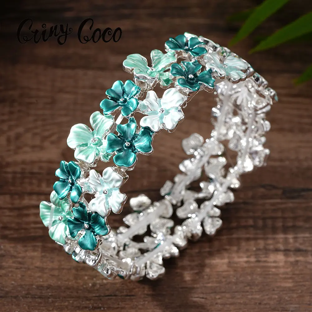 Cring Coco Spring Summer Blooming Flowers Bangle Women's Elegant Simple Enamel Jewelry Bangles Zinc Alloy Bracelets for Women