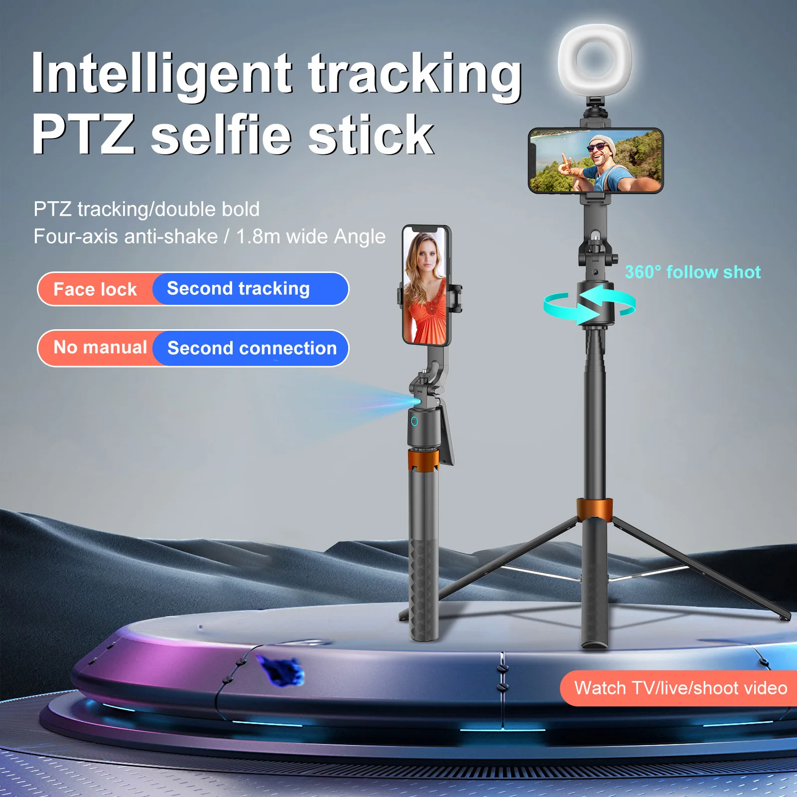 180cm/70.9in Adjust-height Intelligent AI Facial Gimbals Stabilizer Tripod Wireless Selfie Stick for Phone Mobile Camera GoPro