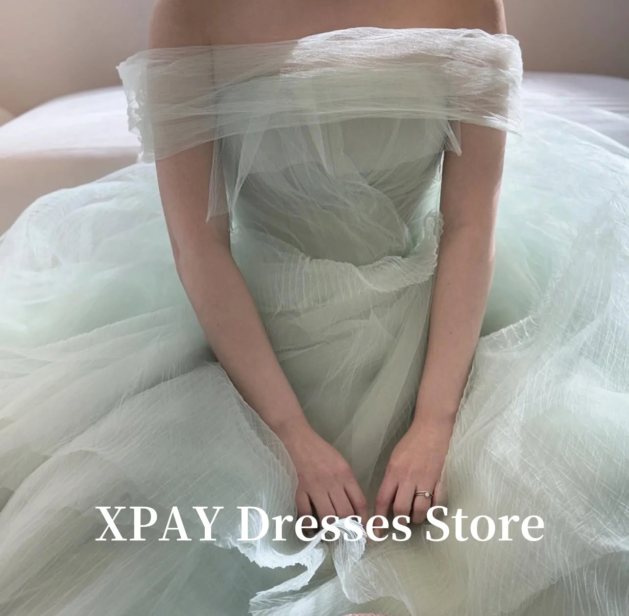 XPAY Fairy Sage Green Tulle Evening Party Dresses Korea Wedding Photo shoot Sweep Train Long Prom Gowns Formal Customized