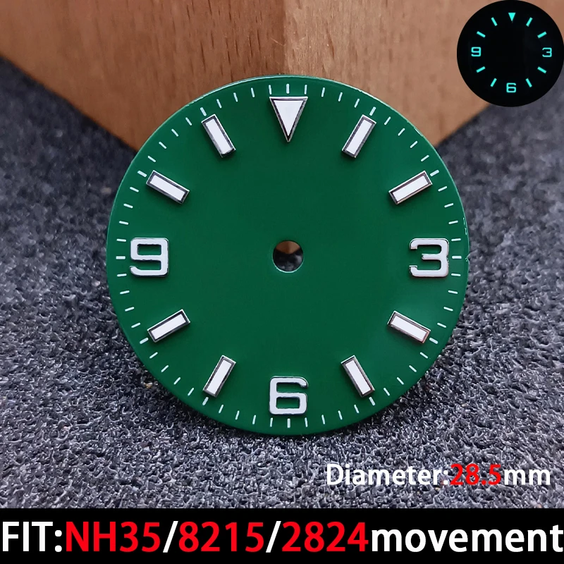 قرص تقويم بقطر 28.5 ملم قرص مضيء باللون الأزرق والأخضر لأجزاء ملحقات حركة الساعة NH3series35/8215/2824