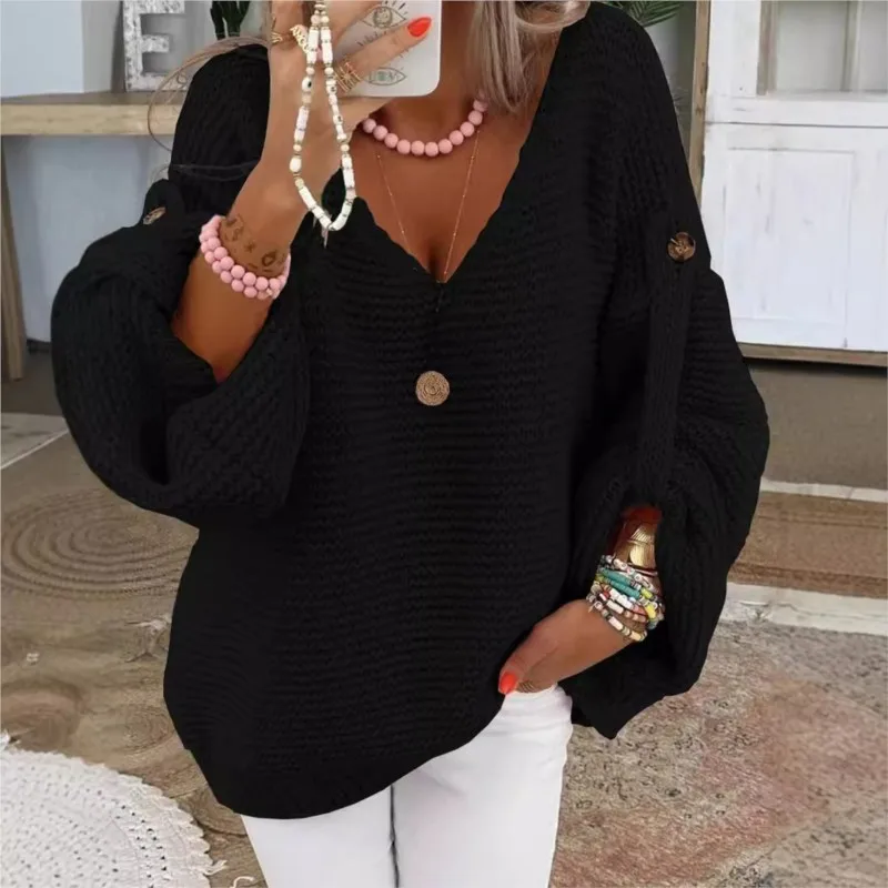 Casual Winter Clothes Woman Pulls Femmes All-match Loose Simple Style Sweater Comfortable Simple Style Commuting V-link Pullover