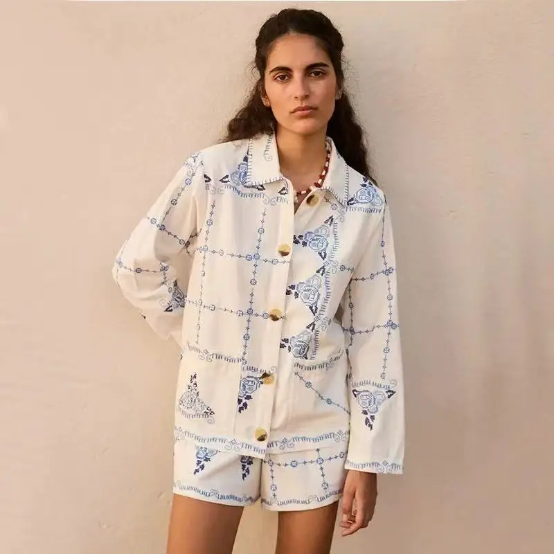 

Синий комплект Long Sve Irt And orts с вышивкой, повседневный комплект из хлопчатобумажной ткани с высокой талией, дышащая, удобная для женщин, осенняя...