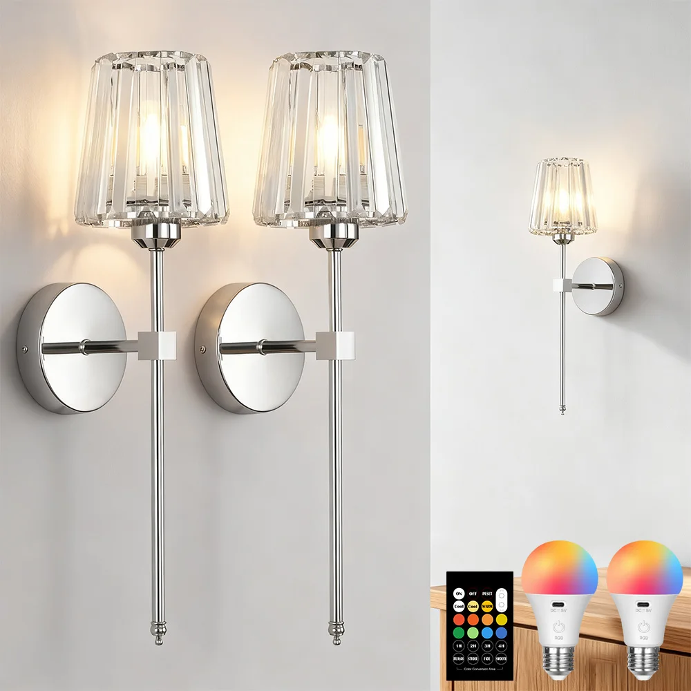 Morden Crystal Wall Lamp 1/2pcs Gold Black Silver RGB Remote Control Dimmable Rechargeable Wireless Living Room Bedroom Lighting