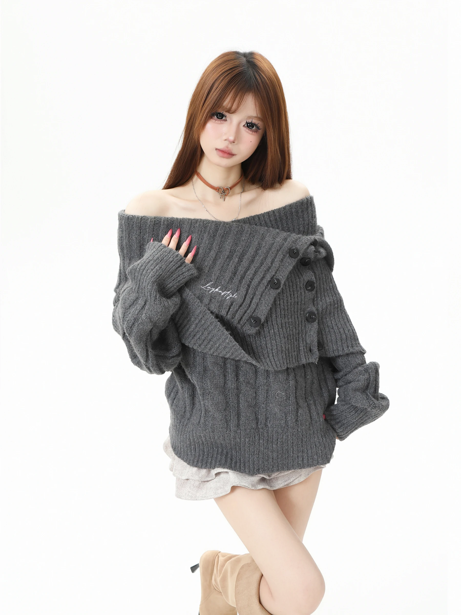 Retro American Design Irregular Shoulder Bared Knitted Sweater for Women Spicy Girl Style Autumn Winter Loose Fit Long Sleeve