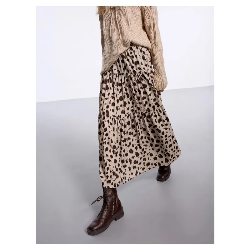 봄 스타일 허리 슬림핏 유럽풍 미국풍 드레이프 크로치 커버 레오파드 프린트 케이크 롱 스커트 넓은 밑단 여성용 스커트
