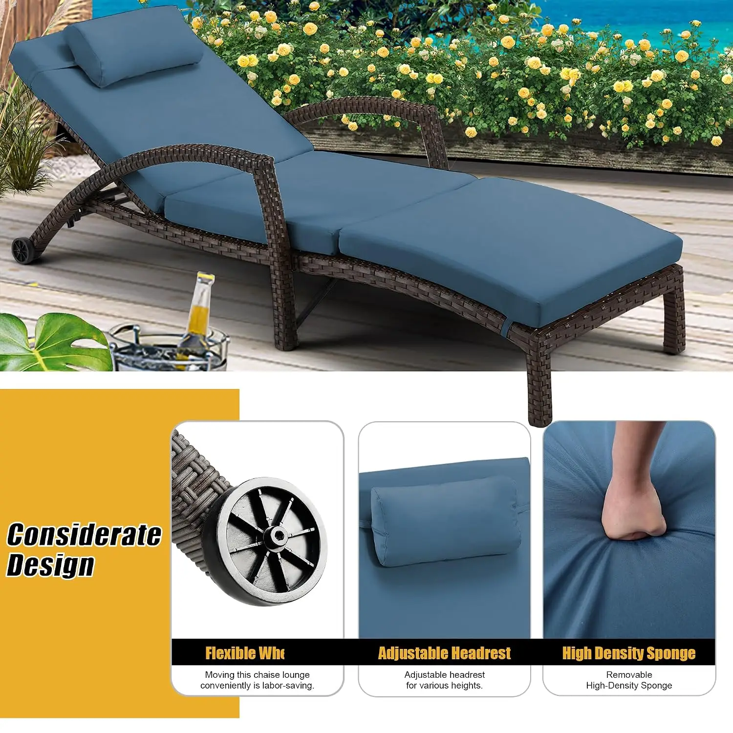 PE Rattan Wicker Chaise Lounge Chair 2PCS Adjustable 5-Position Backrest Armrest Wheels Poolside Backyard Deck Porch, Customized