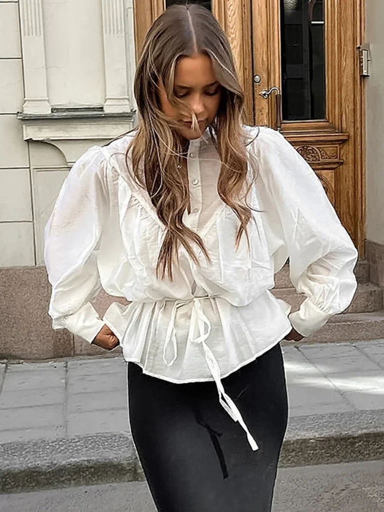 

Trendix Lace Up Loose Long Sleeve Shirts For Women's Winter Street Sheer Bandage Top Femme 2024 Vintage Casual Elegant Clothes