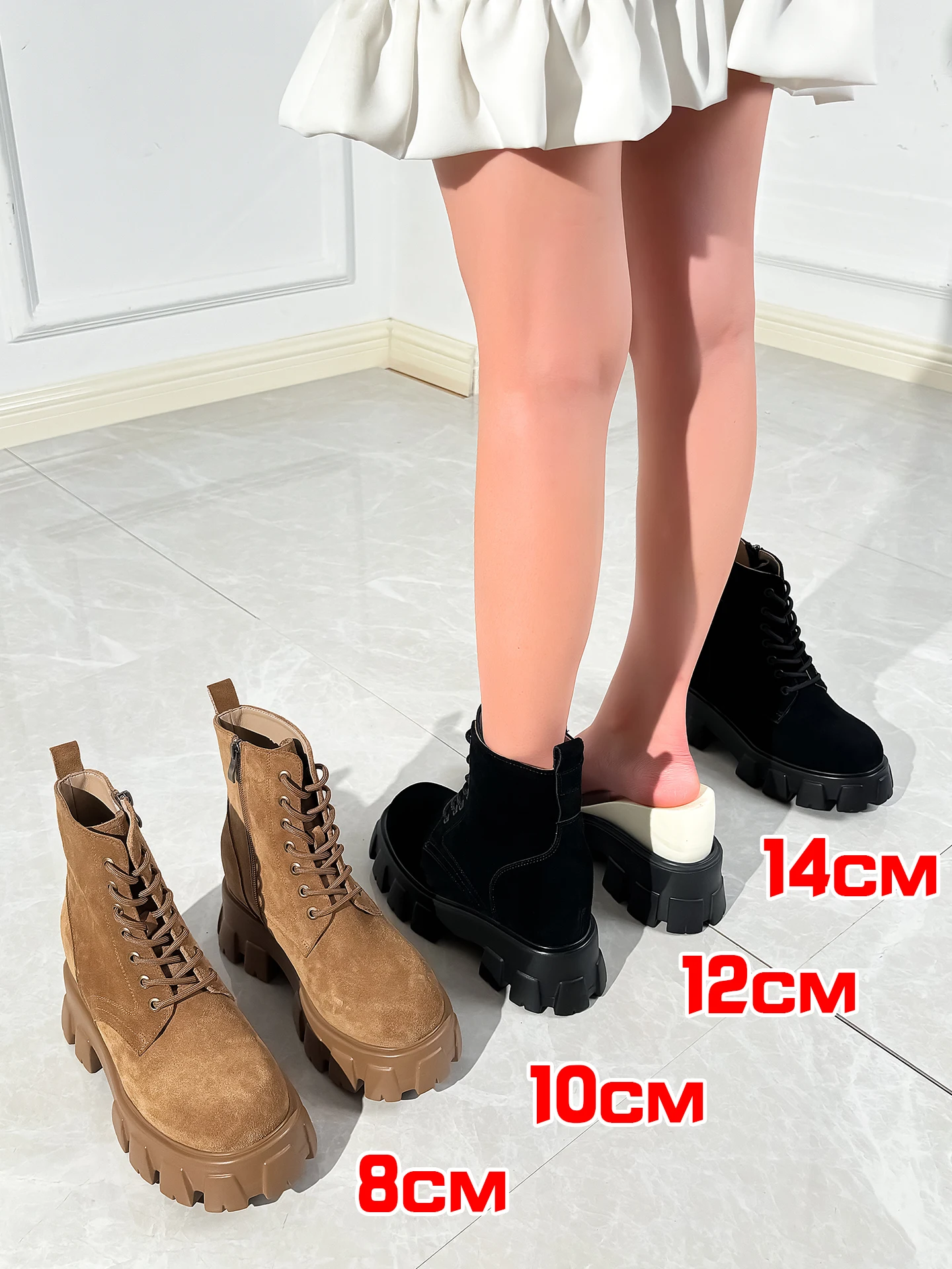 8-14cm Women Platform Boots Ankle Boot Genuine Leather Suede Boots Increasing Elevator Shoes Brown Classic Short Boots