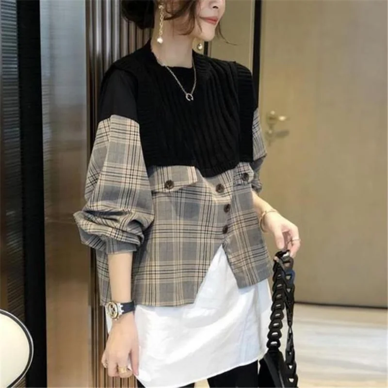 Women's Clothing Elegant Versatile Autumn and Winter New Fashion Slash Neck Splice Buttons Long Sleeve Casual Plaid Pullover