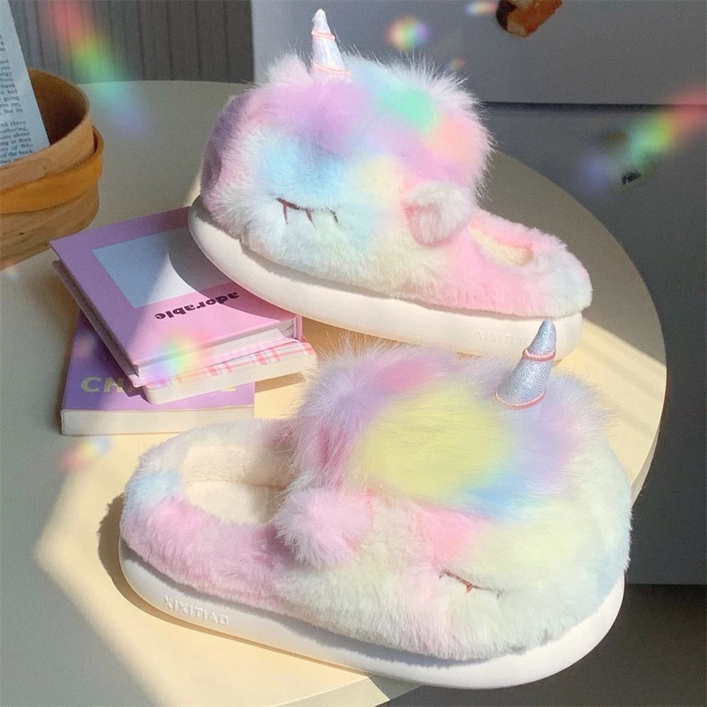 Cute Unicorn Winter New Women Slipper Soft Heel Platform Fur Warm Indoor Comfortable Home Fluffy Home Slippers