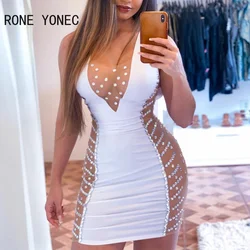 Women Sexy Patchwork Tank Rhinestone Backless Deep V neck Mesh Bodycon Mini Sexy White Dresses