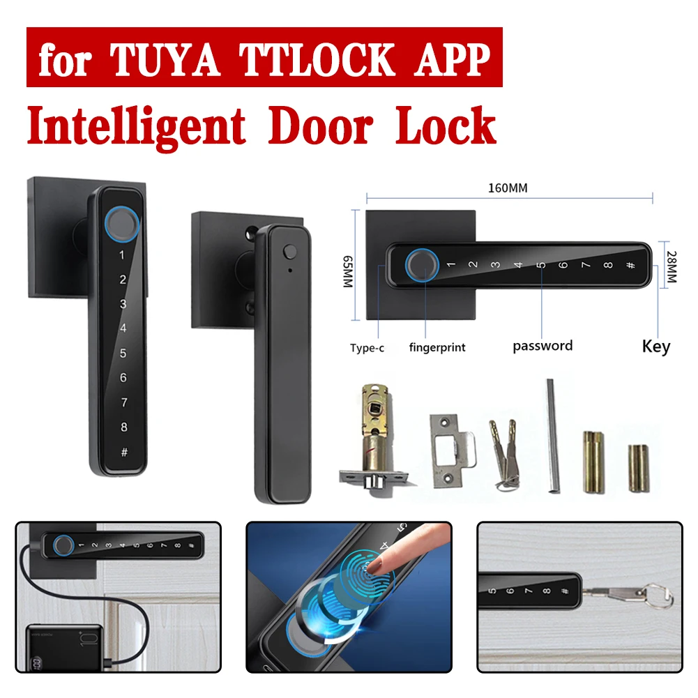 Aluminum Alloy Door Lock Semiconductor Fingerprint Digital Password Backup Keys Normally Open Mode Emergency Charging Port