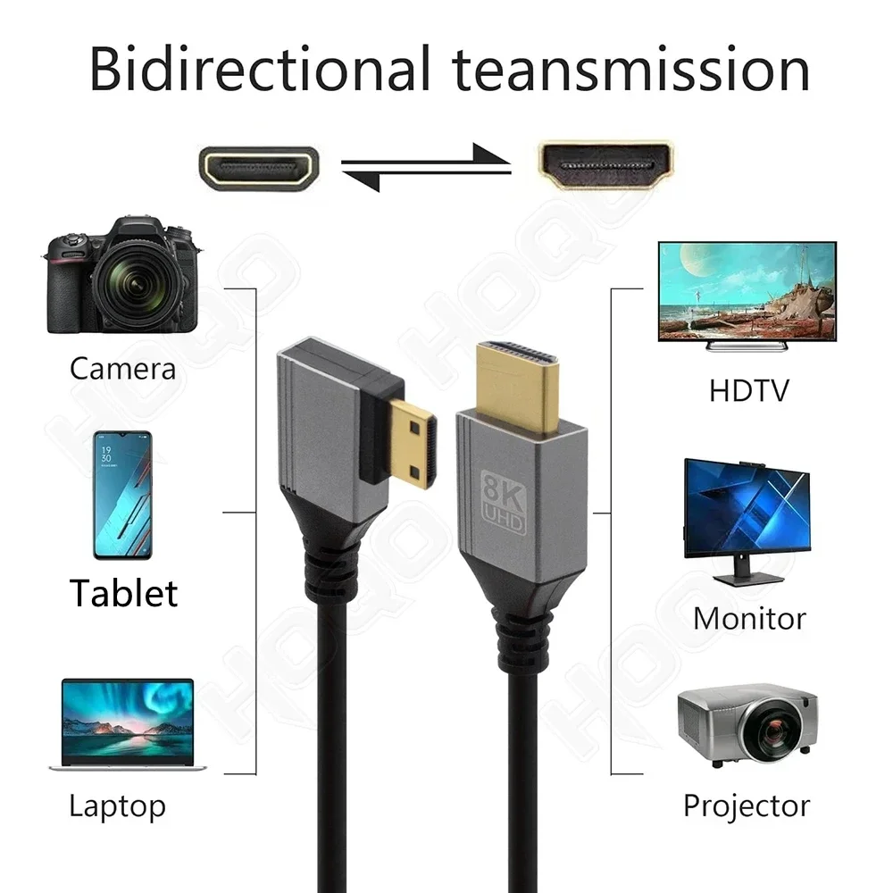 Kabel 8K UHD 0.5m 1m 90 stopni w górę/w dół/w lewo/w prawo Mini-HD Micro-HD do portu HD cienki przewód do kamerka do laptopa kamery tabletu