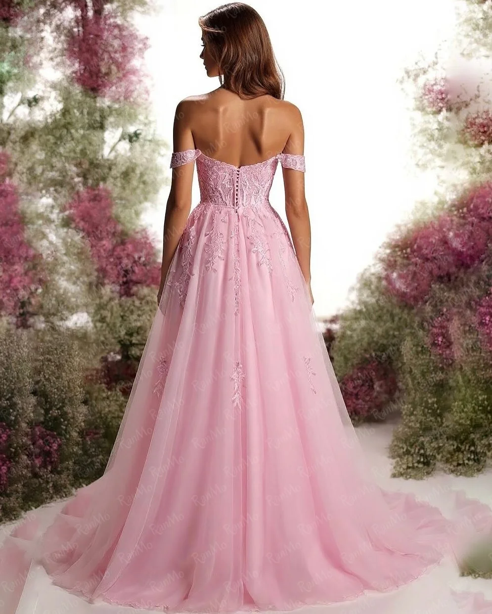 Ranmo Elegant Pink Evening Gown Dress Off the Shoulder Applique Lace Tulle Customsied 2025 Prom Dress فساتين سهرات
