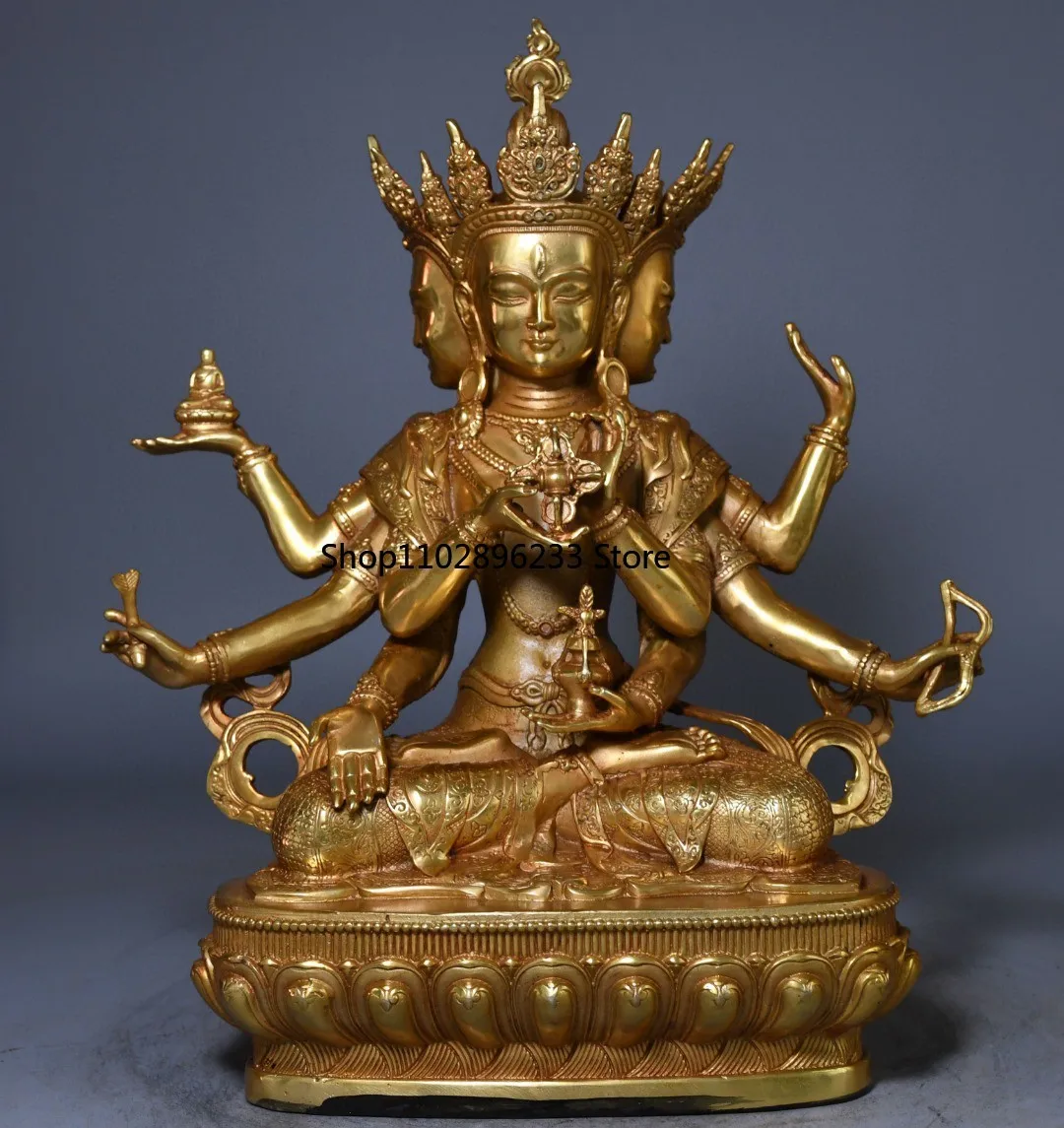 Tibetan brass gilt tracing face Zunsheng Buddha three sides and eight arms Tara Guanyin Bodhisattva ornament hall supplies 30cm